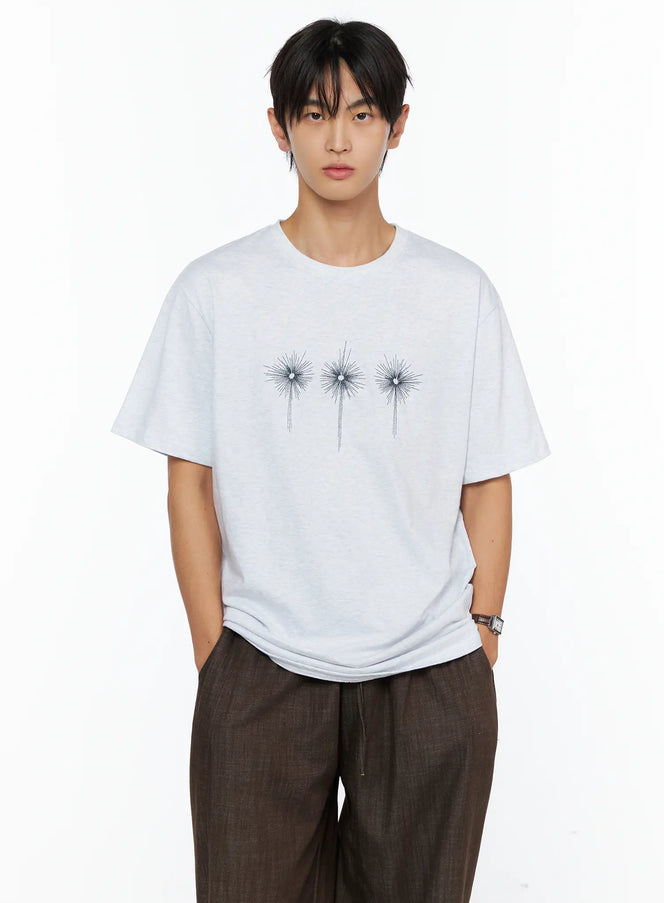 LEWKIN Men's Embroidered Graphic Tee IL528 Light Gray front shot on male model hands in pockets crew neck oversized fit three starburst embroidery