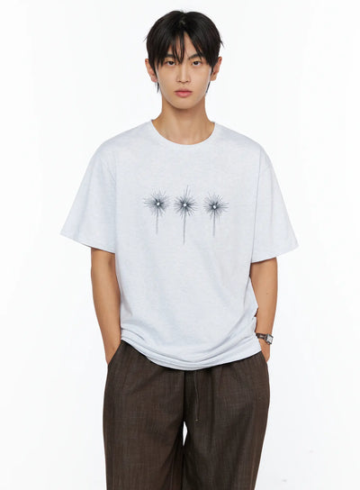 LEWKIN Men's Embroidered Graphic Tee IL528 Light Gray front shot on male model hands in pockets crew neck oversized fit three starburst embroidery
