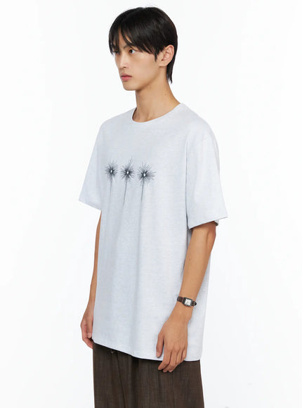 Men's Embroidered Graphic Tee IL528 Light Gray side shot on male model angled pose showing three starburst embroidery oversized drop-shoulder cotton tee