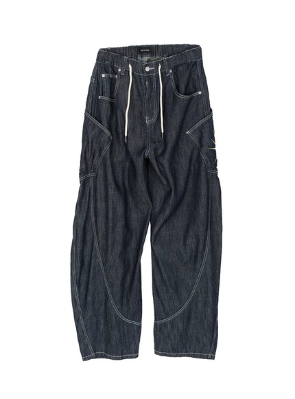 Men's Embroidered Wide Leg Jeans IU529 Dark blue flat-lay front view, showing drawstring elastic waist, white contrast stitching, cargo pockets, and gold sun embroidery