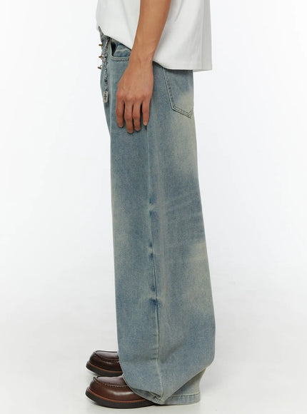 Men's Fireman Clasp Baggy Jeans IL507 Light blue side view on model showing chain charm detail at waist, back pocket, and wide-leg faded wash denim profile