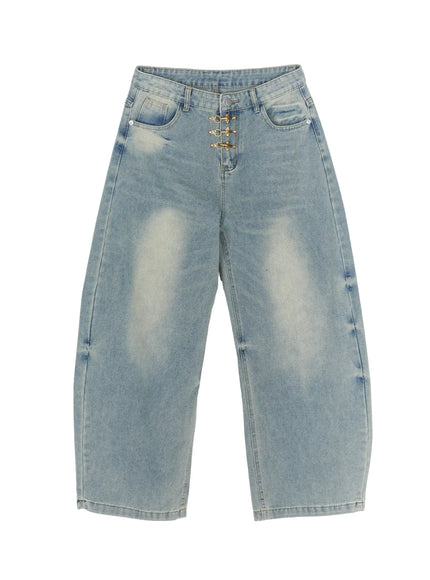 Men's Fireman Clasp Baggy Jeans IL507 Light blue flat-lay front view showing brass fireman clasp closures, wide balloon leg silhouette, and faded wash denim texture