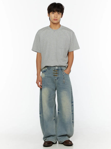 Men's Fireman Clasp Baggy Jeans IL507 Light blue full-body front view on male model styled with gray pocket tee and brown loafers, standing straight