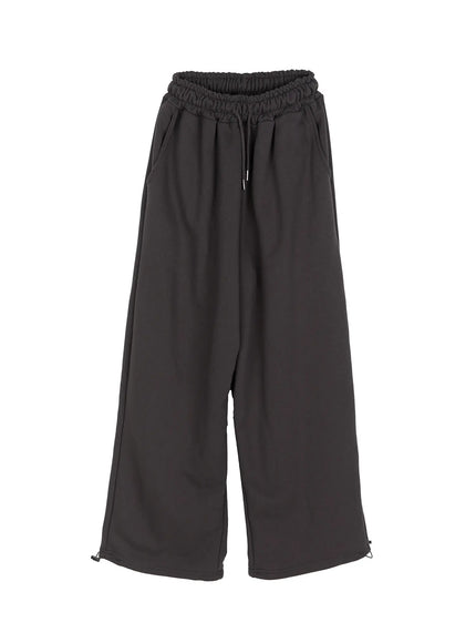 Men's Flame Wide Sweatpants (Dark Gray) IL514 Dark gray flat-lay front view showing elastic drawstring waist, wide-leg silhouette and ankle zip hem adjusters