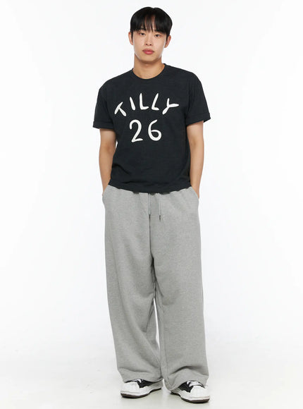 Men's Flame Wide Sweatpants (Gray) IL514 Gray front shot on male model standing upright showing drawstring waist and relaxed wide-leg silhouette full length