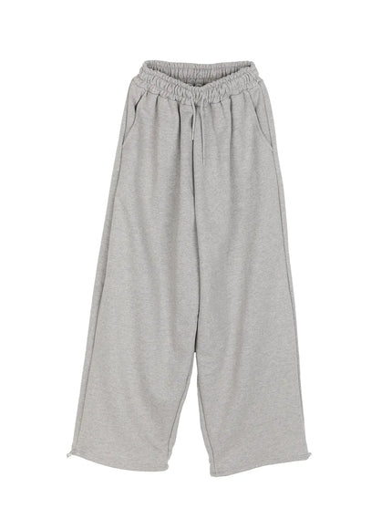 Men's Flame Wide Sweatpants (Gray) IL514 Gray flat-lay front view showing elastic drawstring waistband wide-leg cut side pockets and clean hem