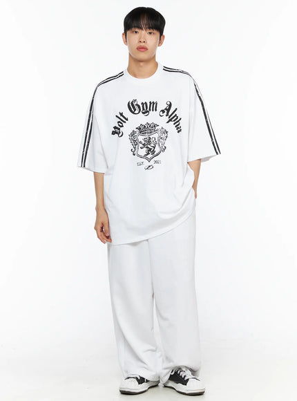 Men's Flame Wide Sweatpants (White) IL514 White front view on male model standing upright, styled with Volt Gym Alpha oversized tee, wide-leg silhouette full-body shot