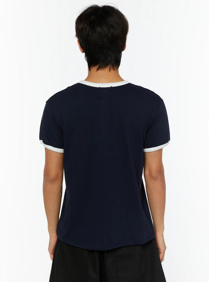 Men's Football Graphic T-Shirt IL513 Dark blue back shot on model showing clean plain navy back with white contrast collar and cuff trim detail