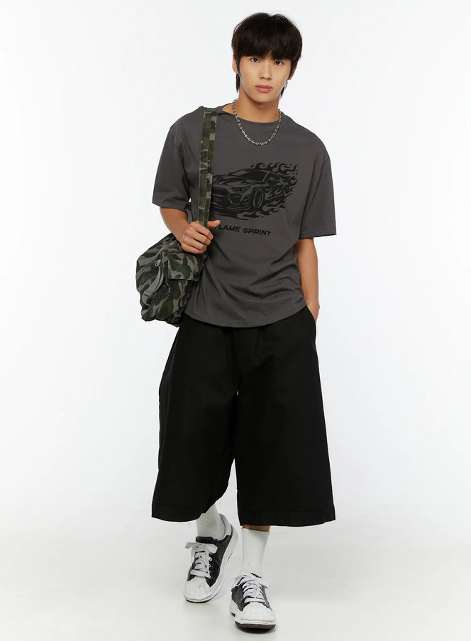 LEWKIN Men's Graphic Car Print T-Shirt IL513 Dark gray full-length front shot on model with camo crossbody bag chain necklace black wide-leg shorts sneakers