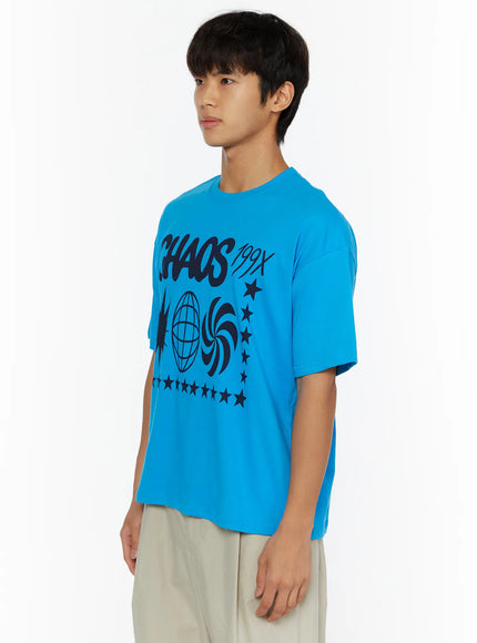 Men's Graphic Chaos T-Shirt IL509 Blue side shot on male model showing CHAOS 199X graphic print detail on left chest and dropped shoulder seam