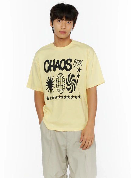 LEWKIN Men's Graphic Chaos T-Shirt IL509 Light yellow front close-up on male model wearing relaxed fit cotton tee with black CHAOS 199X star globe print