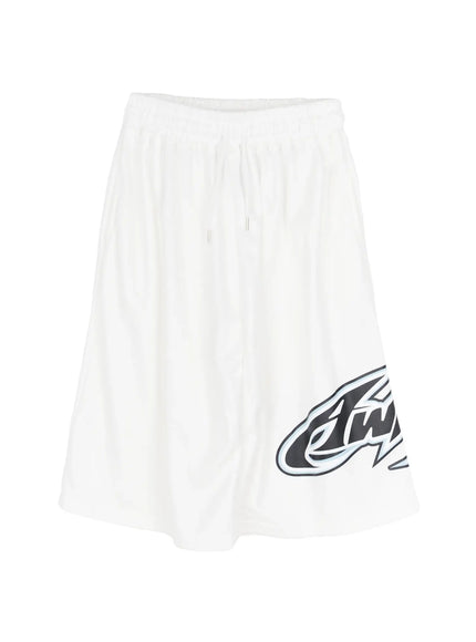 Men's Graphic Logo Shorts (White) IL502 White flat-lay front view, drawstring elastic waist, bold black and blue Twins graphic logo print on lower right leg