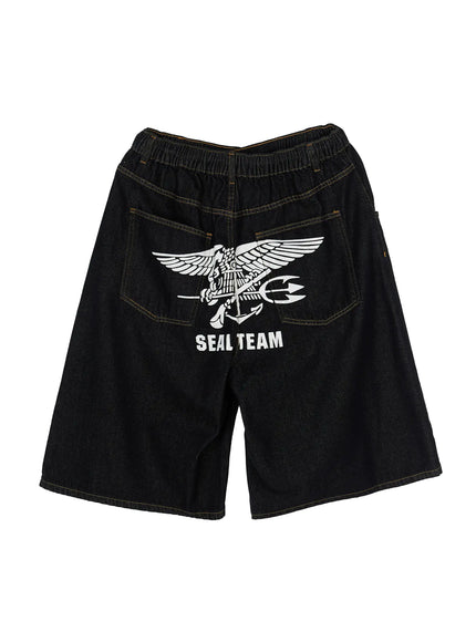 Men's Graphic Loose-Fit Shorts IL515 Dark blue flat-lay back view showing SEAL TEAM eagle and trident graphic print, elastic waist, back patch pockets, and contrast stitching