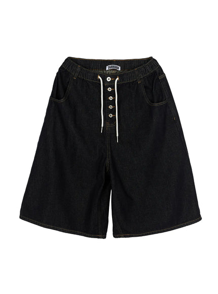 Men's Graphic Loose-Fit Shorts IL515 Dark blue flat-lay front view showing elastic waistband, white drawstring lace-up closure, side pockets, and contrast topstitching on dark denim