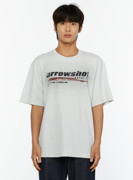 Men's Graphic Oversized T-Shirt IL515 Light Gray close-up front shot on male model showing arrowshot street movements distressed graphic print and raw-cut neckline