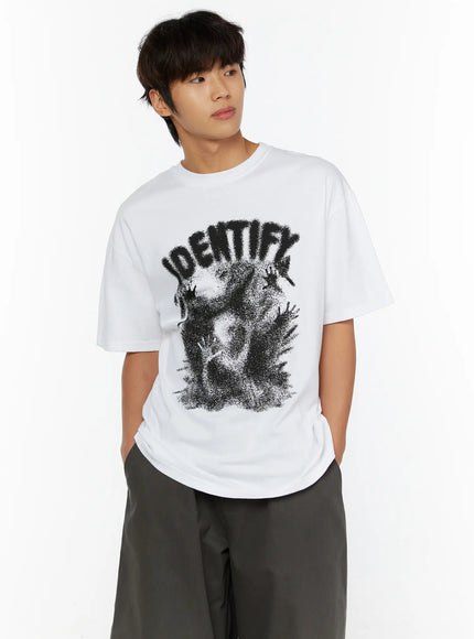 LEWKIN Men's Graphic Oversized Tee IL515 White front close-up on male model hands in pockets black dotwork IDENTIFY figure print cotton