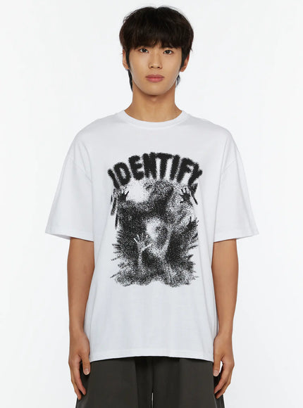 Men's Graphic Oversized Tee IL515 White front close-up on male model upper body dark black IDENTIFY dotwork figure graphic crewneck oversized fit