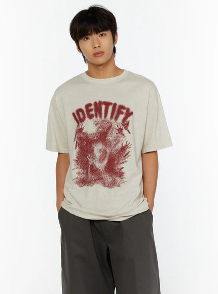 Men's Graphic Oversized Tee IL515 in Light beige, size M/L