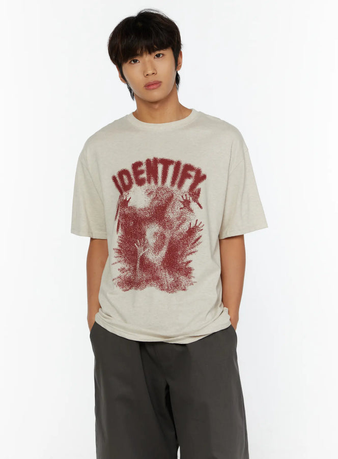 Men's Graphic Oversized Tee IL515 in Light beige, size M/L