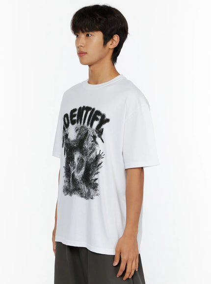 Men's Graphic Oversized Tee IL515 White side view on male model showing dropped shoulder oversized fit and IDENTIFY graphic print detail