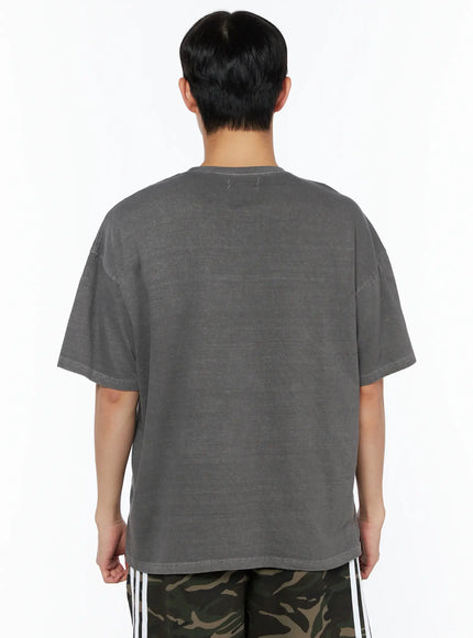 Men's Graphic Pigment Dyed Tee IL514 Charcoal grey back shot on male model showing clean plain back panel acid-washed texture and dropped shoulder seam detail