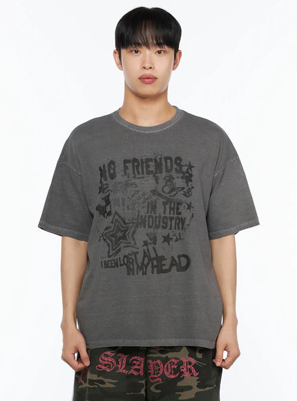 Men's Graphic Pigment Dyed Tee IL514 Charcoal grey close-up front shot on male model highlighting No Friends In The Industry star butterfly grunge graphic print