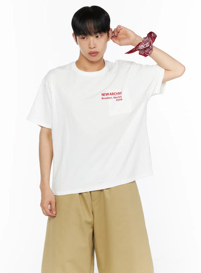 LEWKIN Men's Graphic Pocket Tee IL514 White front view on male model wearing red paisley wrist bandana and khaki wide-leg shorts, relaxed oversized cotton fit