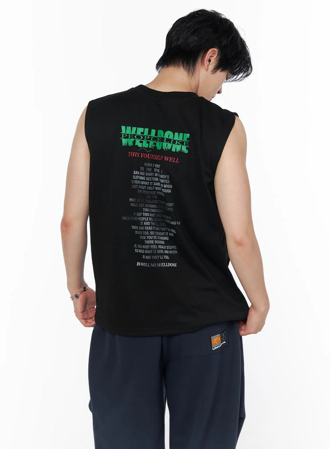 Men's Graphic Print Sleeveless Tee IL502 in Black, size M/L