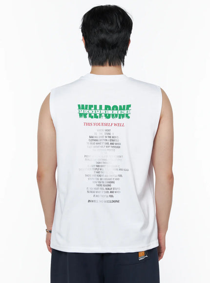 Men's Graphic Print Sleeveless Tee IL502 White back shot on male model showing large green WELLDONE text graphic and body of text print on cotton