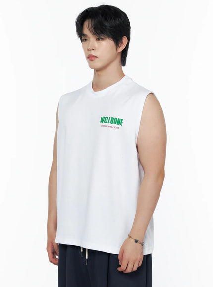 Men's Graphic Print Sleeveless Tee IL502 White side shot on male model upper-body crop showing green WELLDONE chest graphic and armhole detail