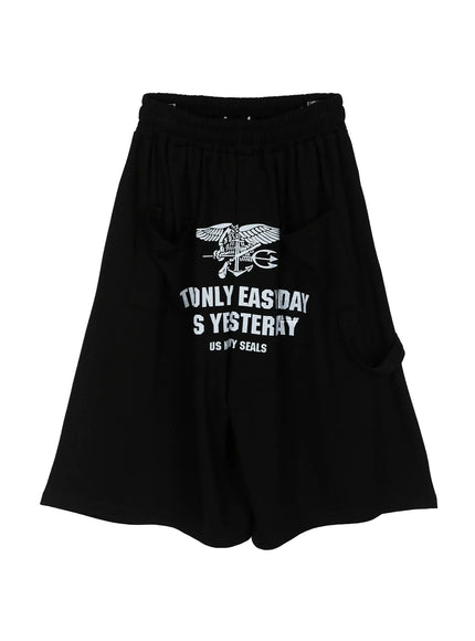 Men's Graphic Print Sweat Shorts IL515 Black flat-lay back view showing US Navy Seals eagle emblem and The Only Easy Day Was Yesterday text print