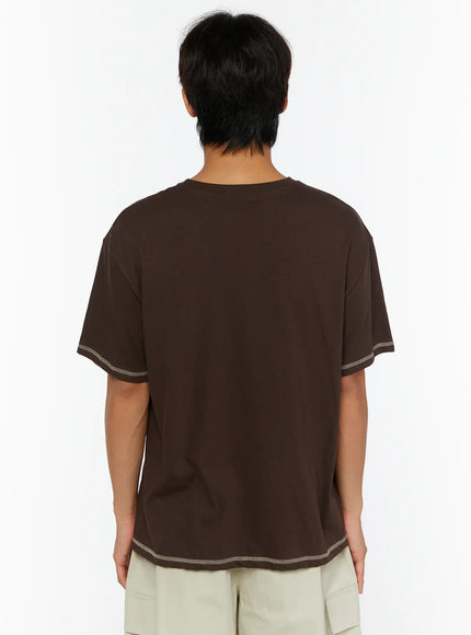 Men's Graphic Print T-Shirt IL513 Dark brown back view on male model showing plain dark brown cotton back with contrast topstitch sleeve and hem trim