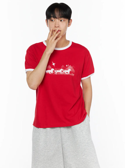 Men's Graphic Ringer Tee IL514 in Red, size S/M