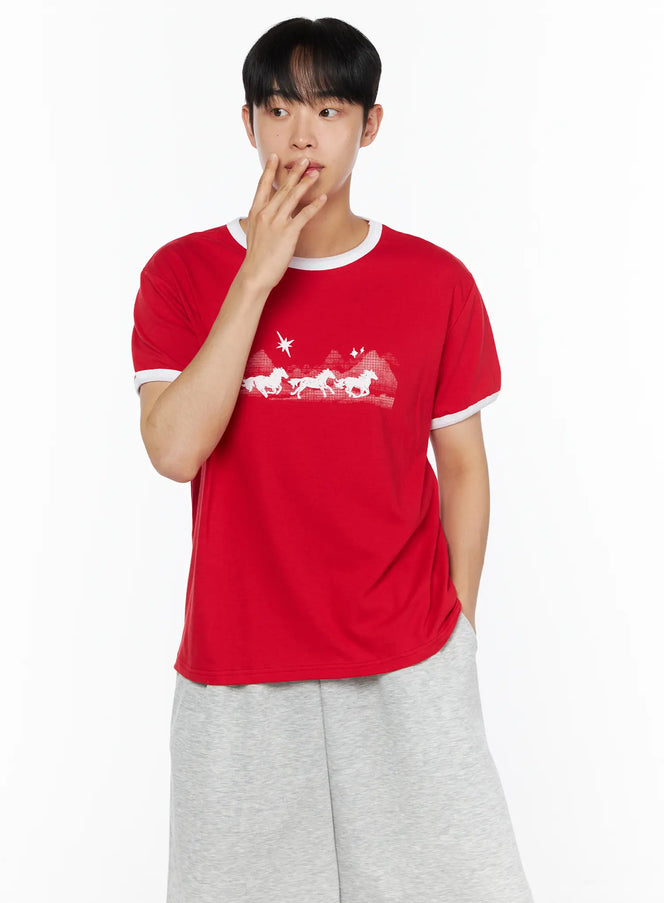 Men's Graphic Ringer Tee IL514 in Red, size S/M