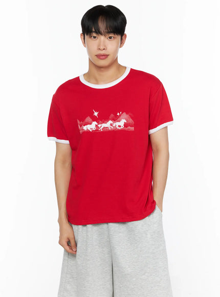 Men's Graphic Ringer Tee IL514 Red front shot on male model styled with gray shorts, white running horse chest graphic, contrast white ringer trim at neck and cuffs