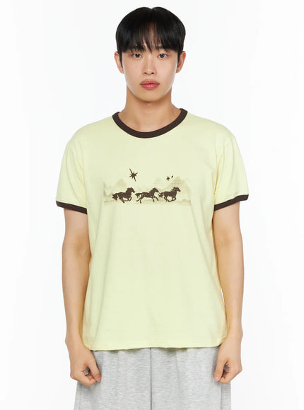 Men's Graphic Ringer Tee IL514 in Yellow, size S/M