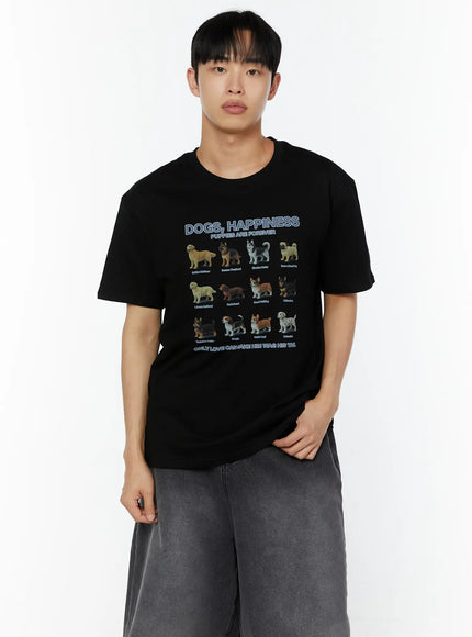 Men's Graphic Round Neck T-Shirt IU529 Black close-up front shot on male model showing Dogs Happiness multi-breed graphic print with crew neckline cotton fabric