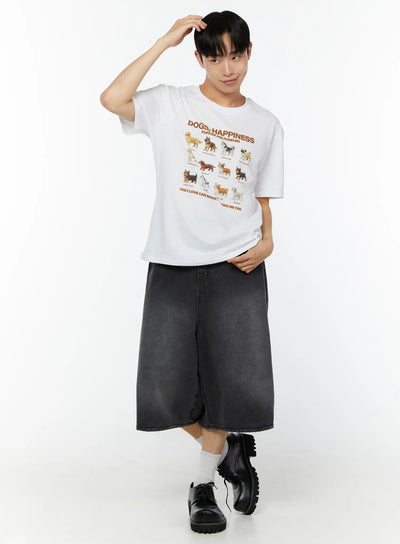 LEWKIN Men's Graphic Round Neck T-Shirt IU529 White M/L front shot on male model hand raised to head styled with dark denim wide-leg shorts and black loafers
