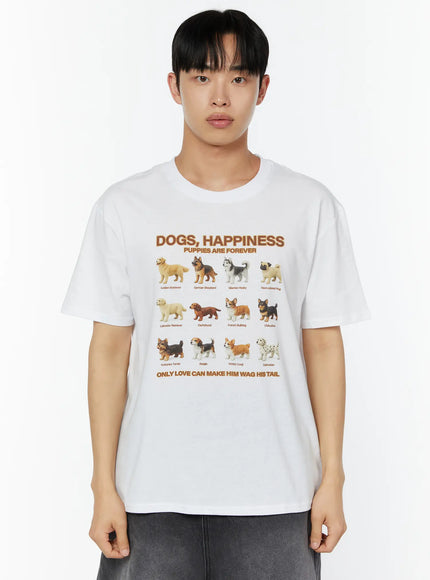 Men's Graphic Round Neck T-Shirt IU529 White close-up front shot on male model showing Dogs Happiness 12-breed puppy graphic with brown text and crew neckline detail
