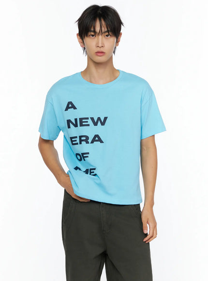 Men's Graphic Semi-Crop T-Shirt IL528 in Light blue, size S/M