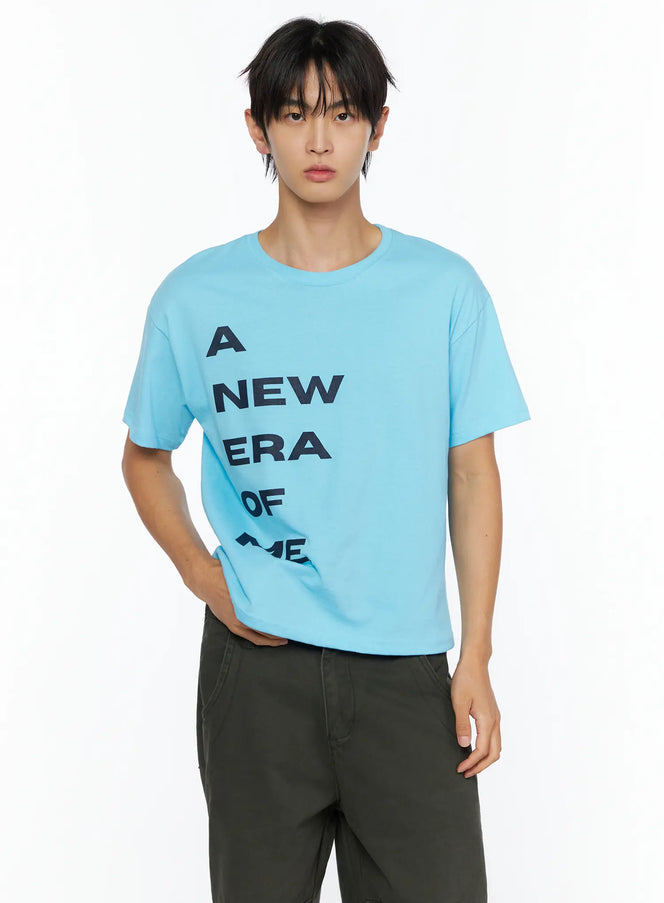 Men's Graphic Semi-Crop T-Shirt IL528 in Light blue, size S/M