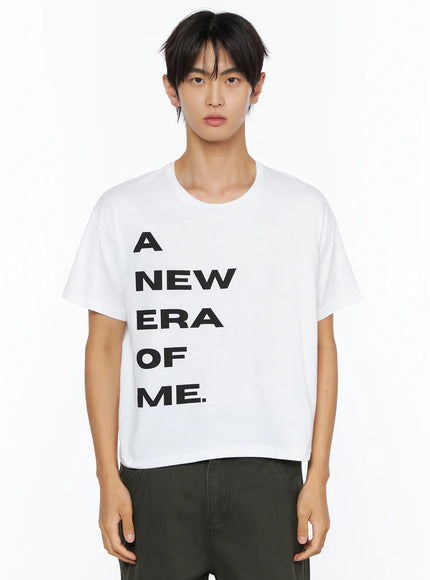 Men's Graphic Semi-Crop T-Shirt IL528 in White, size S/M