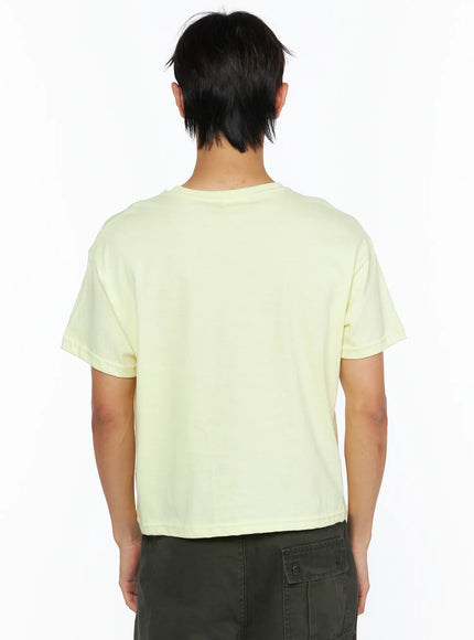 Men's Graphic Semi-Crop T-Shirt IL528 light yellow back shot on male model showing plain clean reverse cropped boxy cotton tee with ribbed crew neck