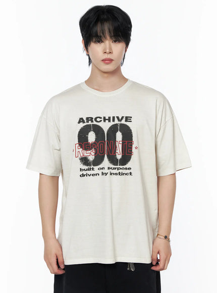 Men's Graphic Short Sleeve T-Shirt IU523 Light beige front close-up on male model showing bold ARCHIVE 90 RESONATE distressed graphic print in black and red