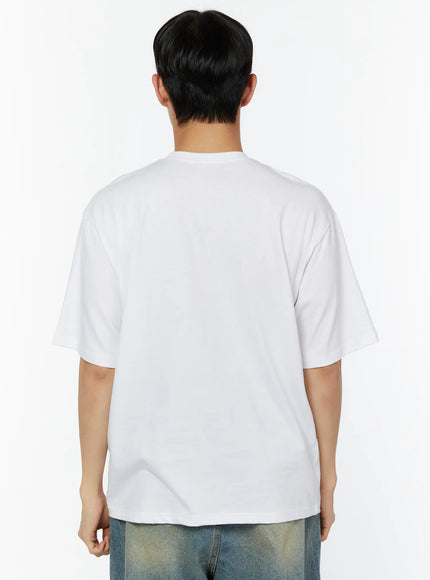 Men's Graphic Short Sleeve T-Shirt IU529 White back shot on male model showing plain clean back panel and dropped shoulders of oversized cotton tee