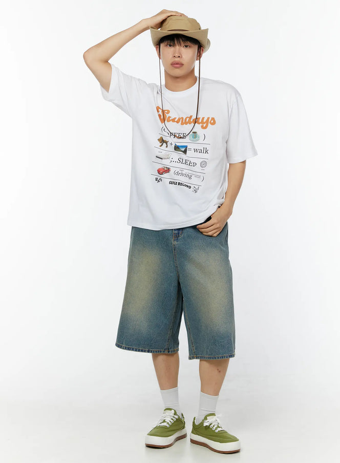 LEWKIN Men's Graphic Short Sleeve T-Shirt IU529 White full-body front shot on male model wearing hat and denim shorts with green sneakers