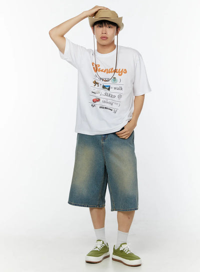 LEWKIN Men's Graphic Short Sleeve T-Shirt IU529 White full-body front shot on male model wearing hat and denim shorts with green sneakers