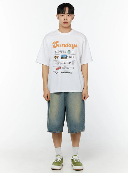 Men's Graphic Short Sleeve T-Shirt IU529 White front shot on male model standing straight showing Sundays graphic print and oversized cotton silhouette