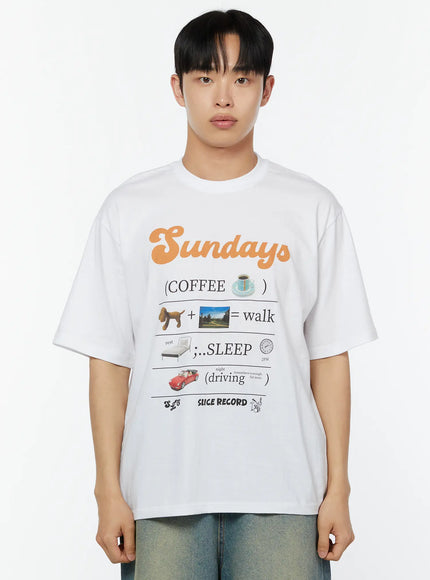 Men's Graphic Short Sleeve T-Shirt IU529 White close-up front shot on male model highlighting Sundays orange script and illustrated graphic print details
