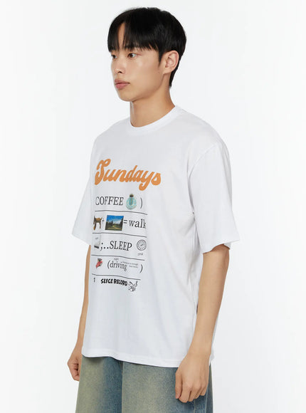Men's Graphic Short Sleeve T-Shirt IU529 White side shot on male model showing left profile with Sundays COFFEE SLEEP driving graphic detail